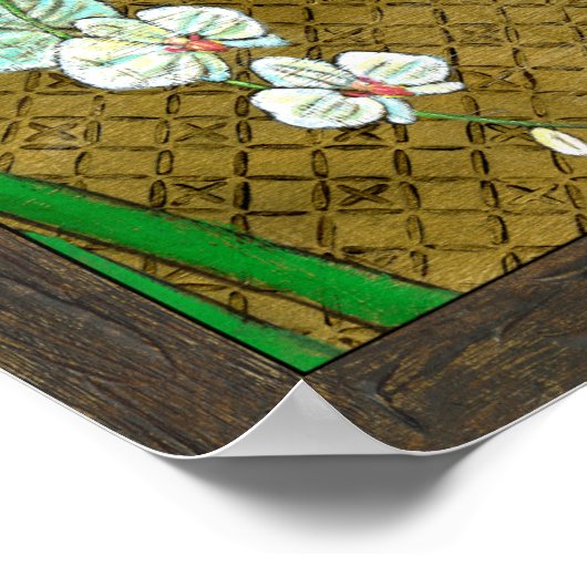 Witte bloemen en groene gedichten aan de bruine gr poster (Hoek)