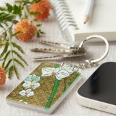 Witte bloemen en groene gedichten aan de bruine gr sleutelhanger (Voorkant Rechts)