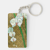 Witte bloemen en groene gedichten aan de bruine gr sleutelhanger (achterkant)