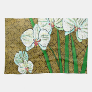 Witte bloemen en groene gedichten aan de bruine gr theedoek