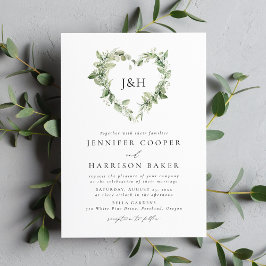Witte Bloemen en Groene Hart Monogram Bruiloft Kaart