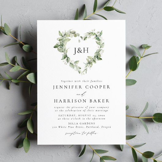 Witte Bloemen en Groene Hart Monogram Bruiloft Kaart