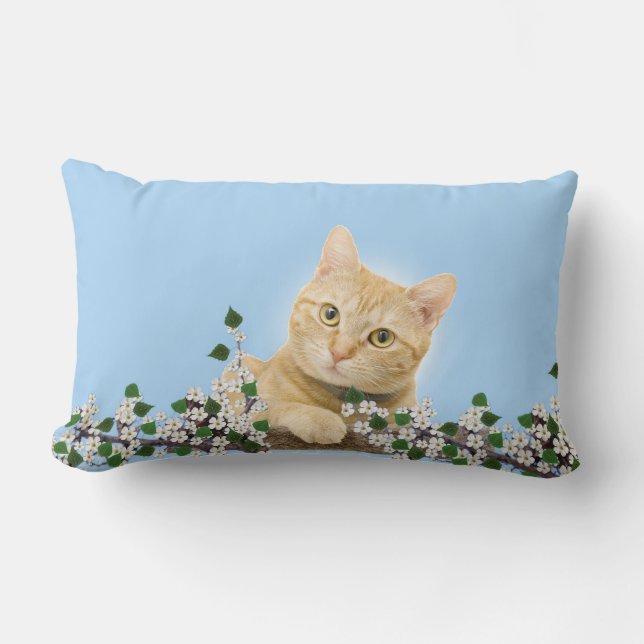 Witte bloemen en oranje tabbykat op lichtblauw kussen (Voorkant)