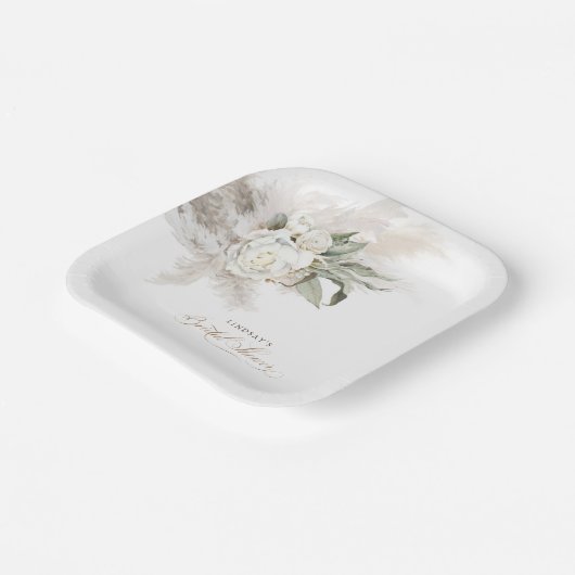 Witte Bloemen en Pampagras Boho Bruidsdouche Papieren Bordje (Gebogen)