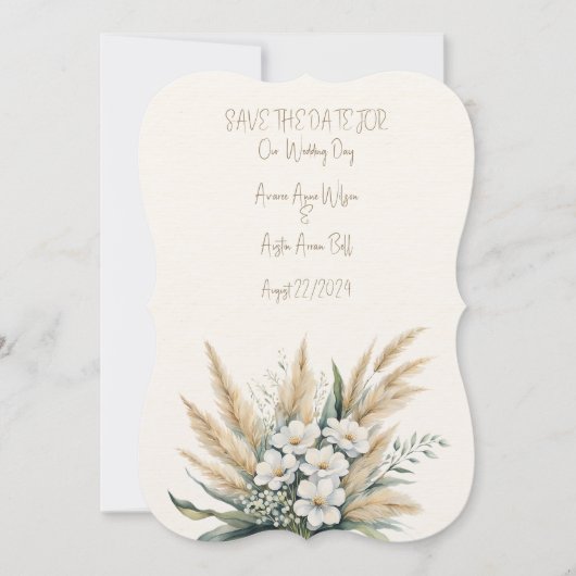 Witte Bloemen en Pampas Grass Bruiloft Boeket Save The Date (Voorkant)
