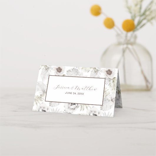Witte bloemen en veren plaatskaartje (Achterkant)