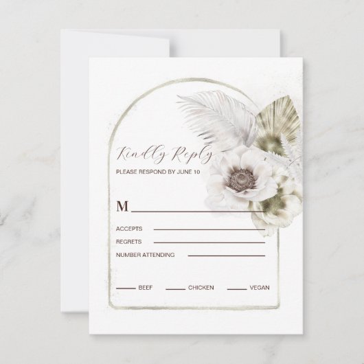 Witte bloemen en veren RSVP kaartje (Voorkant)