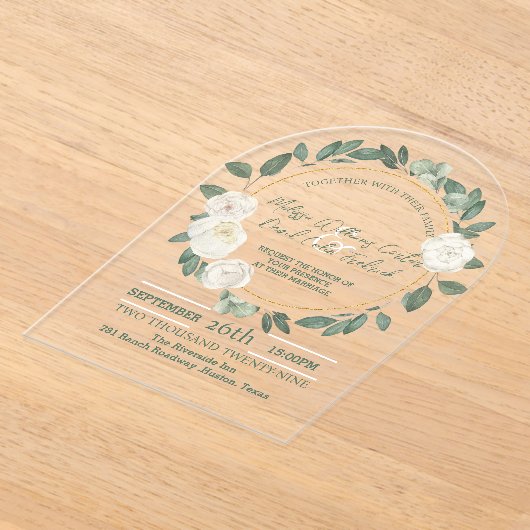 Witte Bloemen Eucalyptus Botanisch Groen Huwelijk Acryl Uitnodigingen (Laagn)