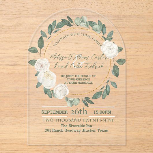 Witte Bloemen Eucalyptus Botanisch Groen Huwelijk Acryl Uitnodigingen (Voorkant)