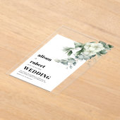 Witte bloemen, eucalyptus en lijst bruiloft acryl uitnodigingen (Laagn)
