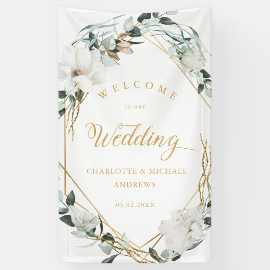 Witte Bloemen Eucalyptus Goud Geometrische Bruilof Spandoek (Verticaal)