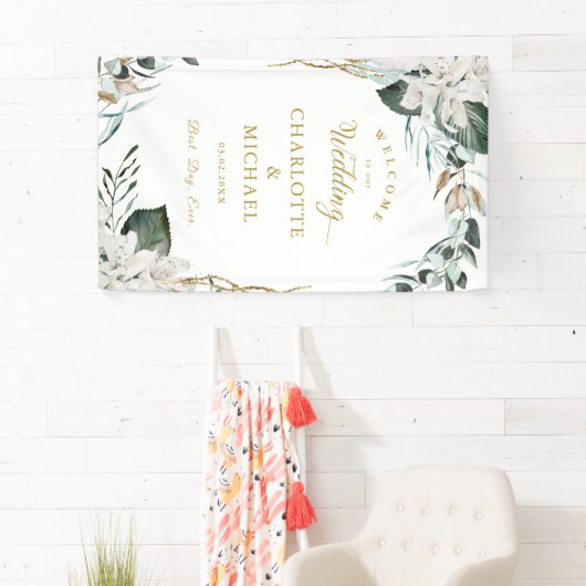 Witte bloemen Eucalyptus Gouden bruiloft Spandoek (Insitu)