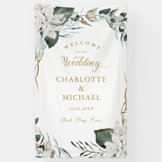 Witte bloemen Eucalyptus Gouden bruiloft Spandoek (Verticaal)