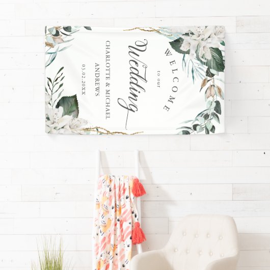 Witte bloemen Eucalyptus Gouden bruiloft Spandoek (Insitu)