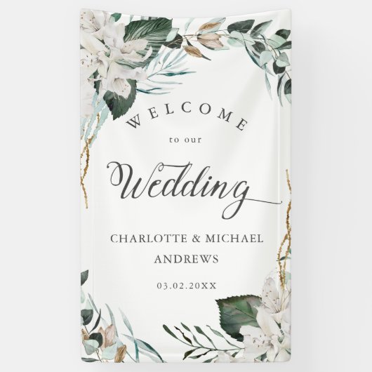 Witte bloemen Eucalyptus Gouden bruiloft Spandoek (Verticaal)