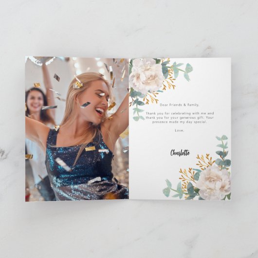 Witte bloemen eucalyptus groen foto verjaardag bedankkaart (Binnen)