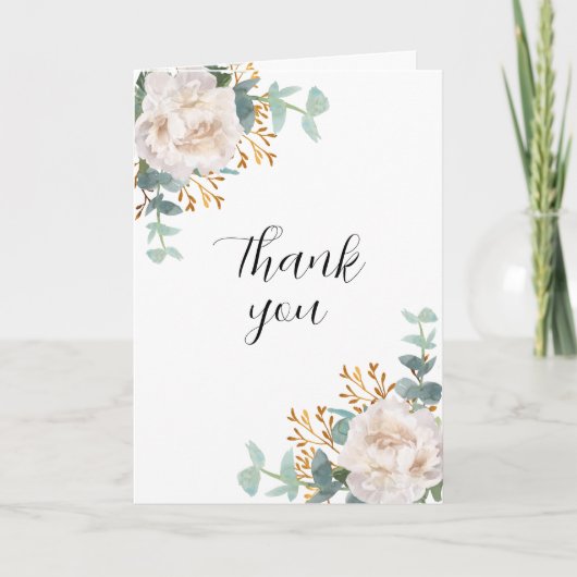 Witte bloemen eucalyptus groen foto verjaardag bedankkaart (Voorkant)