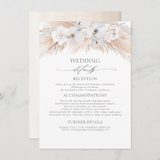 Witte Bloemen Exotische Pampas Gras Bruiloft Detai Informatiekaartje (Voorkant / Achterkant)