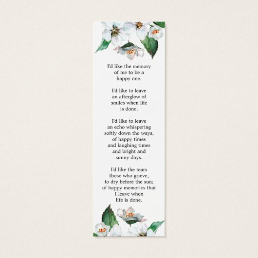 Witte Bloemen Foto Begrafenis Memorial Bladwijzer Mini Visitekaartjes (Achterkant)