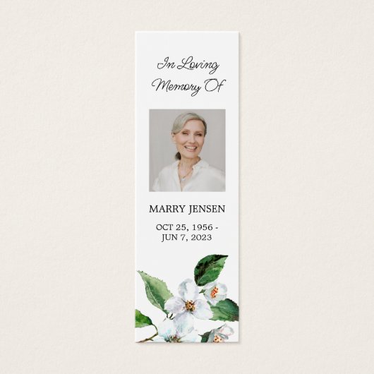 Witte Bloemen Foto Begrafenis Memorial Bladwijzer Mini Visitekaartjes (Voorkant)
