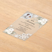 Witte bloemen foto duidelijk 10e huwelijksverjaard acryl uitnodigingen (Laagn)