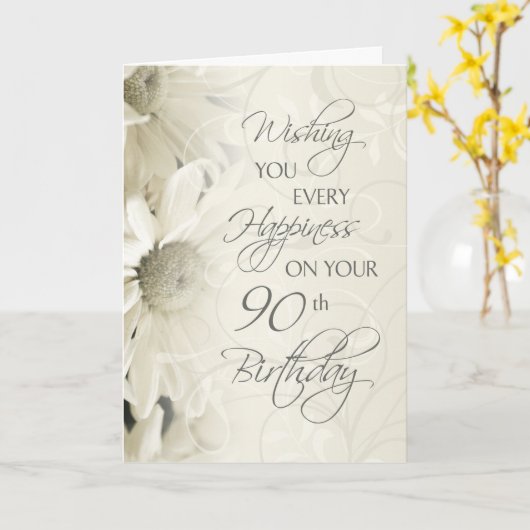 Witte  Bloemen Gelukkige 90ste Verjaardag Kaart (Gele Bloem)