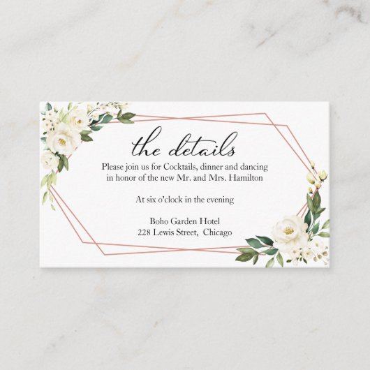 Witte Bloemen Geometrische Huwelijksdetails Behuiz Informatiekaartje (Voorkant)