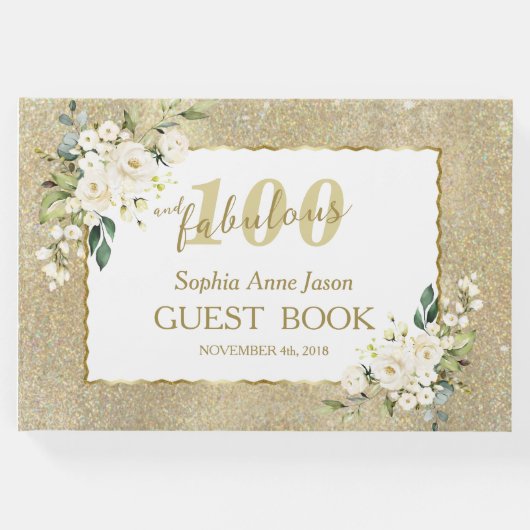 Witte Bloemen Goud 100 en Uitstekend Verjaardagsfe Gastenboek (Voorkant)