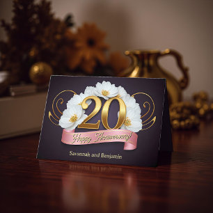 Witte Bloemen Goud 20-jarig Huwelijksjubileum Kaart