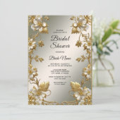 Witte Bloemen Goud  Bruids Douche Uitnodiging (Staand voorkant)