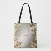 Witte Bloemen Goud Canvas tas (Voorkant)