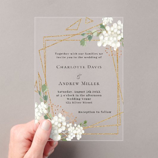 Witte bloemen goud geometrische lijst duidelijke b acryl uitnodigingen (Insitu (Draagbaar))