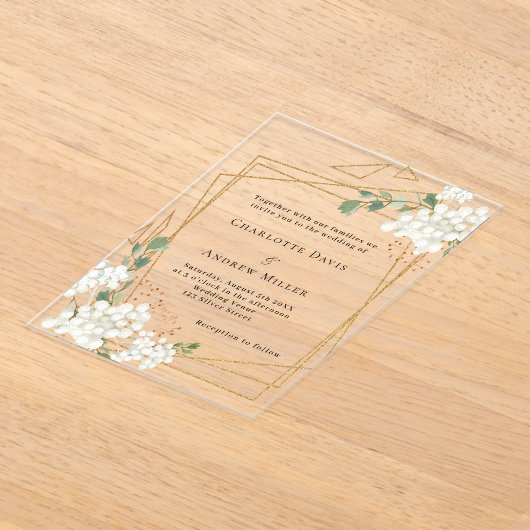 Witte bloemen goud geometrische lijst duidelijke b acryl uitnodigingen (Laagn)