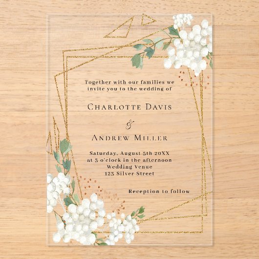 Witte bloemen goud geometrische lijst duidelijke b acryl uitnodigingen (Voorkant)