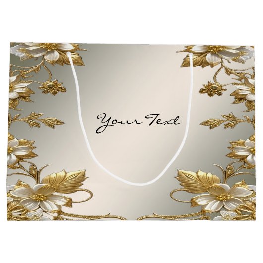 Witte Bloemen Goud  Geschenktas Groot Cadeauzakje (Achterkant)