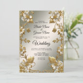 Witte Bloemen Goud  Huwelijksuitnodiging Kaart (Staand voorkant)