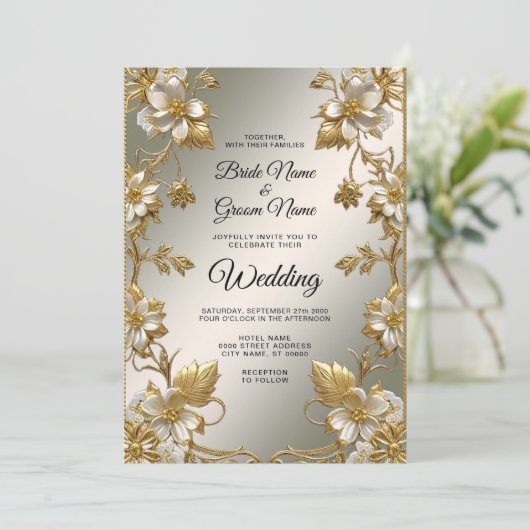 Witte Bloemen Goud Huwelijksuitnodiging Kaart (Staand voorkant)