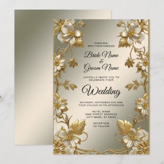 Witte Bloemen Goud Huwelijksuitnodiging Kaart