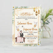 Witte Bloemen Goud Islamitische Verloving Ceremoni Kaart (Staand voorkant)