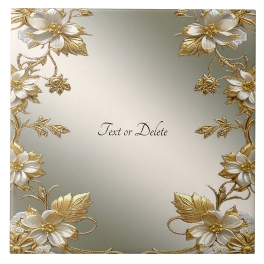 Witte Bloemen Goud  Keramische Tegel Tegeltje (Voorkant)