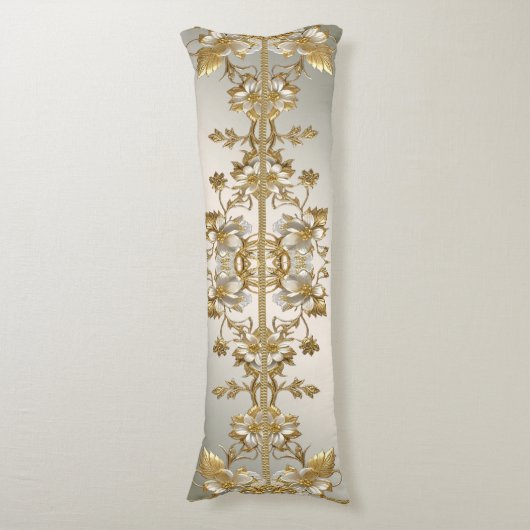 Witte Bloemen Goud  Lichaam Kussen (Voorkant Verticaal)