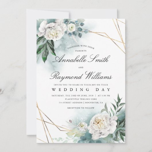 Witte Bloemen Goud Lijst | Pioenenbruiloft Kaart (Voorkant)