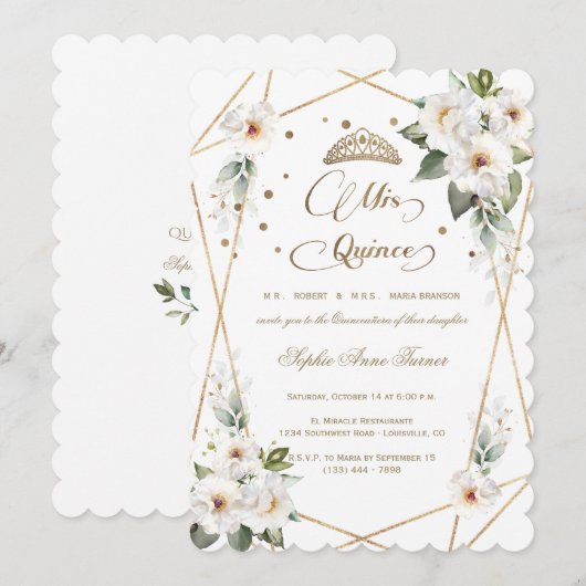 Witte Bloemen Goud Mis Quince Quinceañera  Kaart (Voorkant / Achterkant)