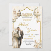 Witte Bloemen Goud Moslim Verloving Ceremonie Kaart (Voorkant)