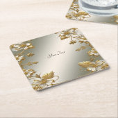 Witte Bloemen Goud Papier Onderzetter (Schuin)