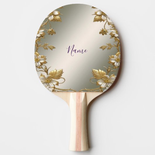 Witte Bloemen Goud Ping Pong Paddle Tafeltennisbatje (Achterkant)