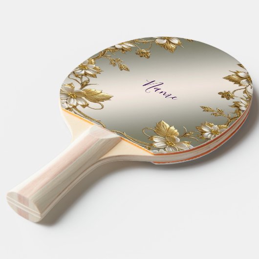 Witte Bloemen Goud  Ping Pong Paddle Tafeltennisbatje (Voorkant Gekanteld)