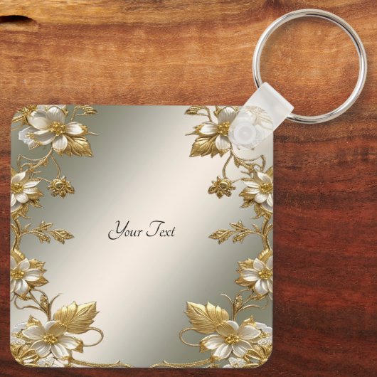 Witte Bloemen Goud Sleutelhanger (Achterkant)