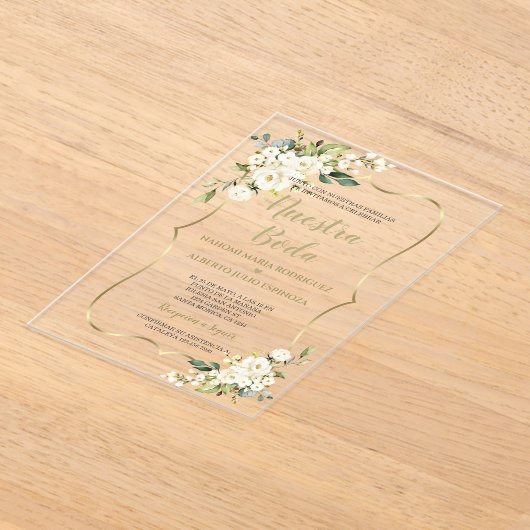 Witte Bloemen Goud Spaanse Nuestra Boda Kalligrafi Acryl Uitnodigingen (Laagn)