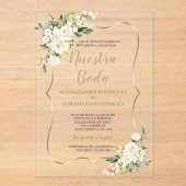 Witte Bloemen Goud Spaanse Nuestra Boda Kalligrafi Acryl Uitnodigingen (Voorkant)